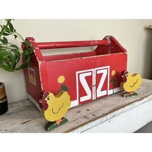 Vintage 1960’s Hand Painted Farm Red Barn Yellow Chickens Planter / Toolbox